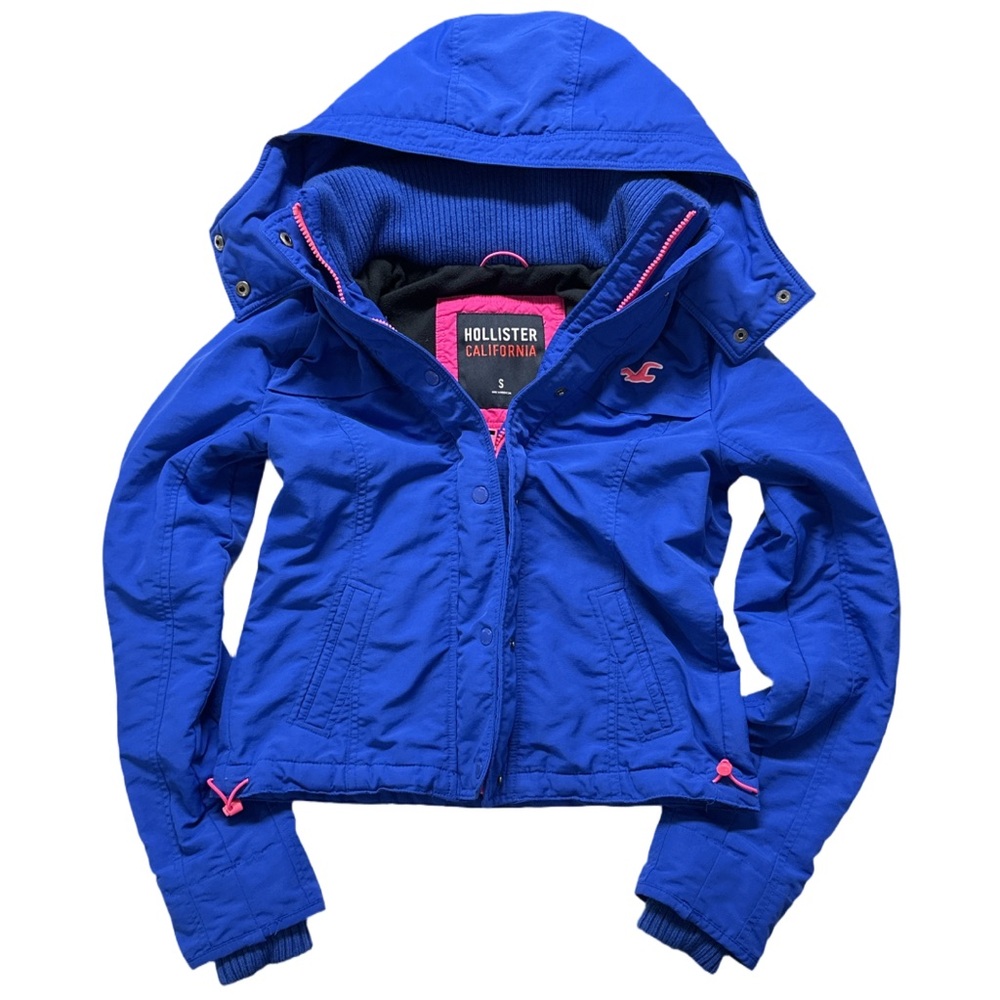 Y2K HOLLISTER women's blue + pink fleece lined nylon hooded jacket, S.
